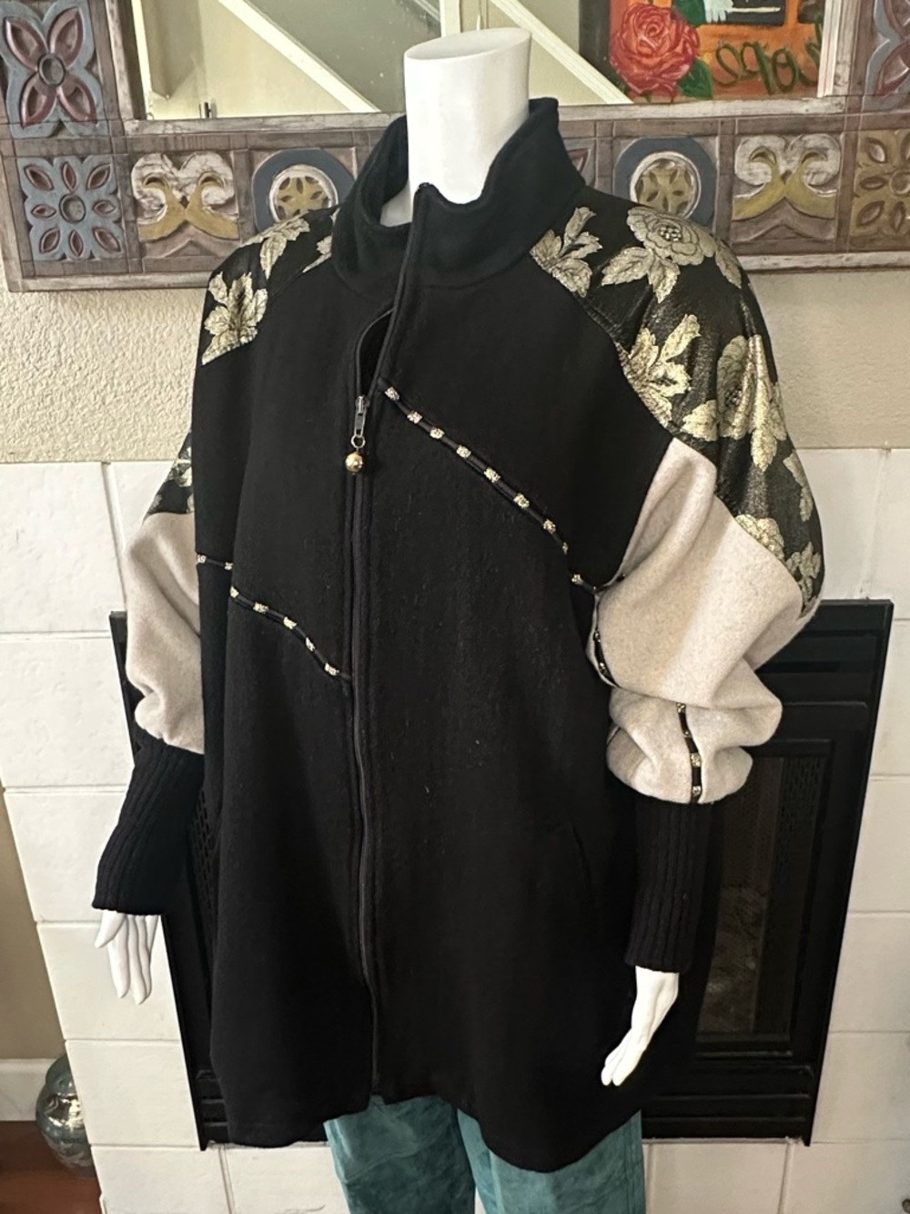 Vtg Wool Coat XL Lady Suzette Black Gold 80s Glam Zip Up Jacket Bat Wing Sleeves